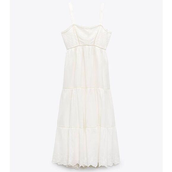 ZARA PINTUCK MIDI DRESS ECRU NEW - Picture 4 of 9